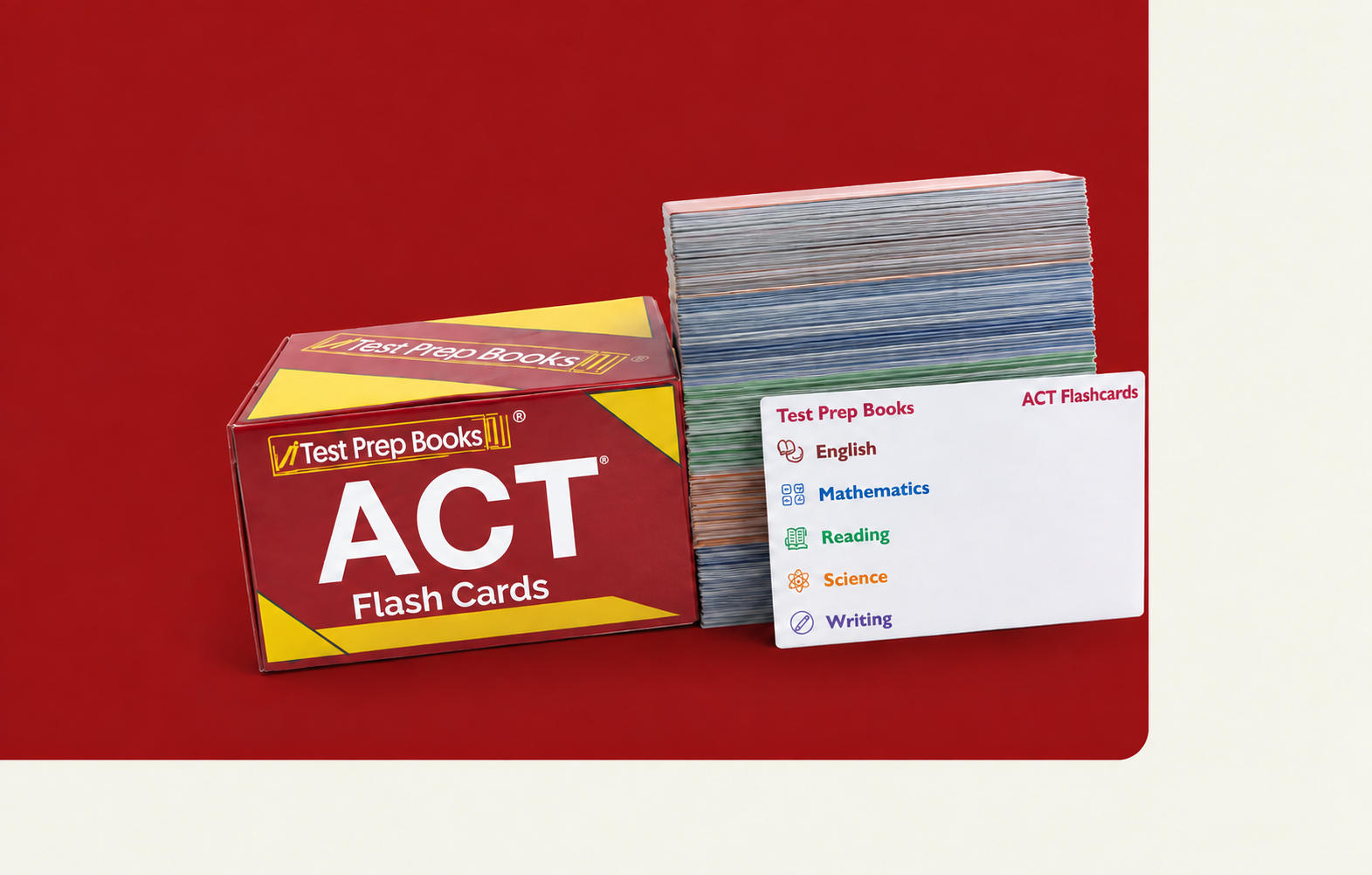 Test Prep Books ACT Flash Cards box, card stack, and subject card