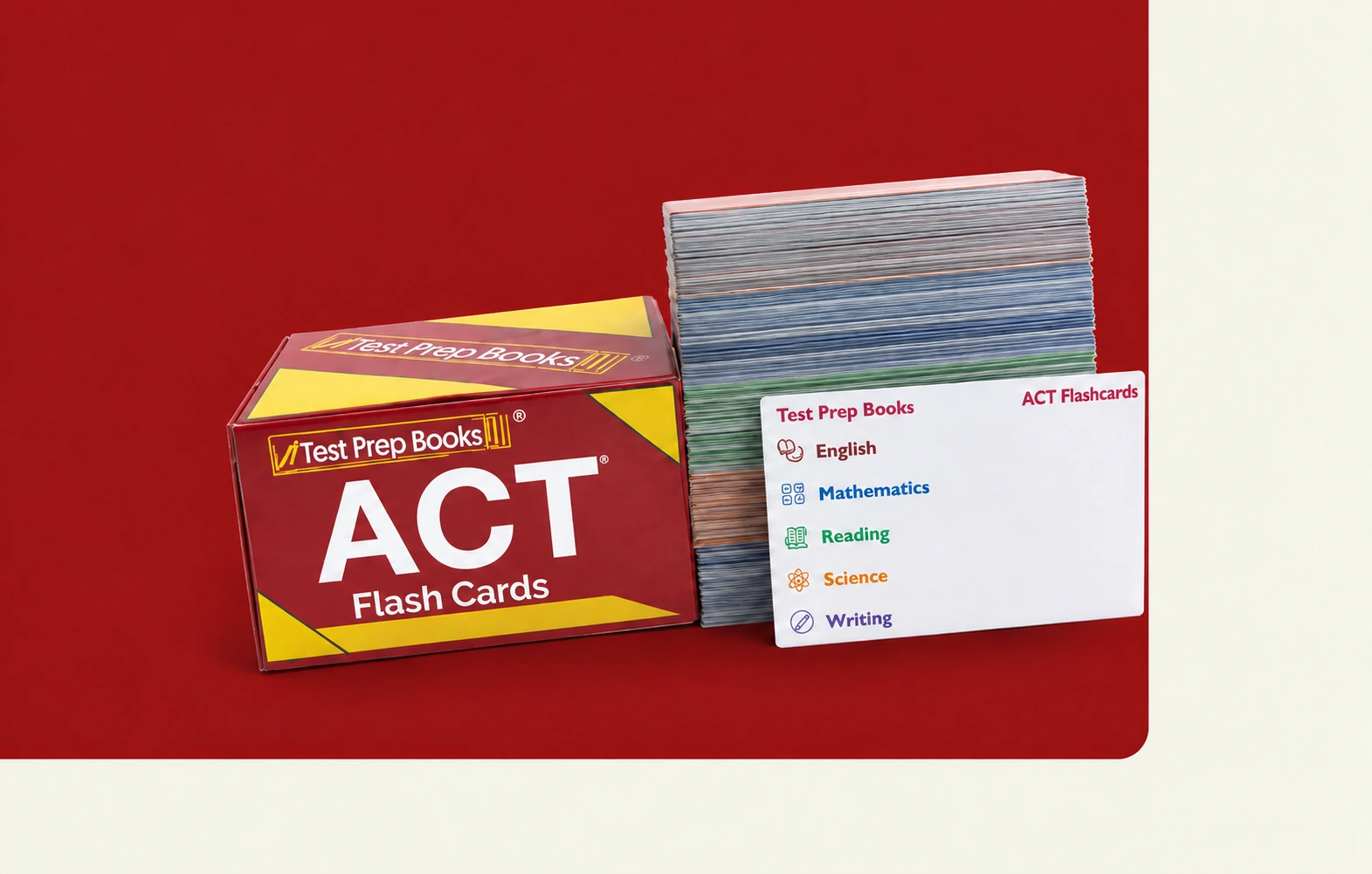 Test Prep Books ACT Flash Cards box, card stack, and subject card